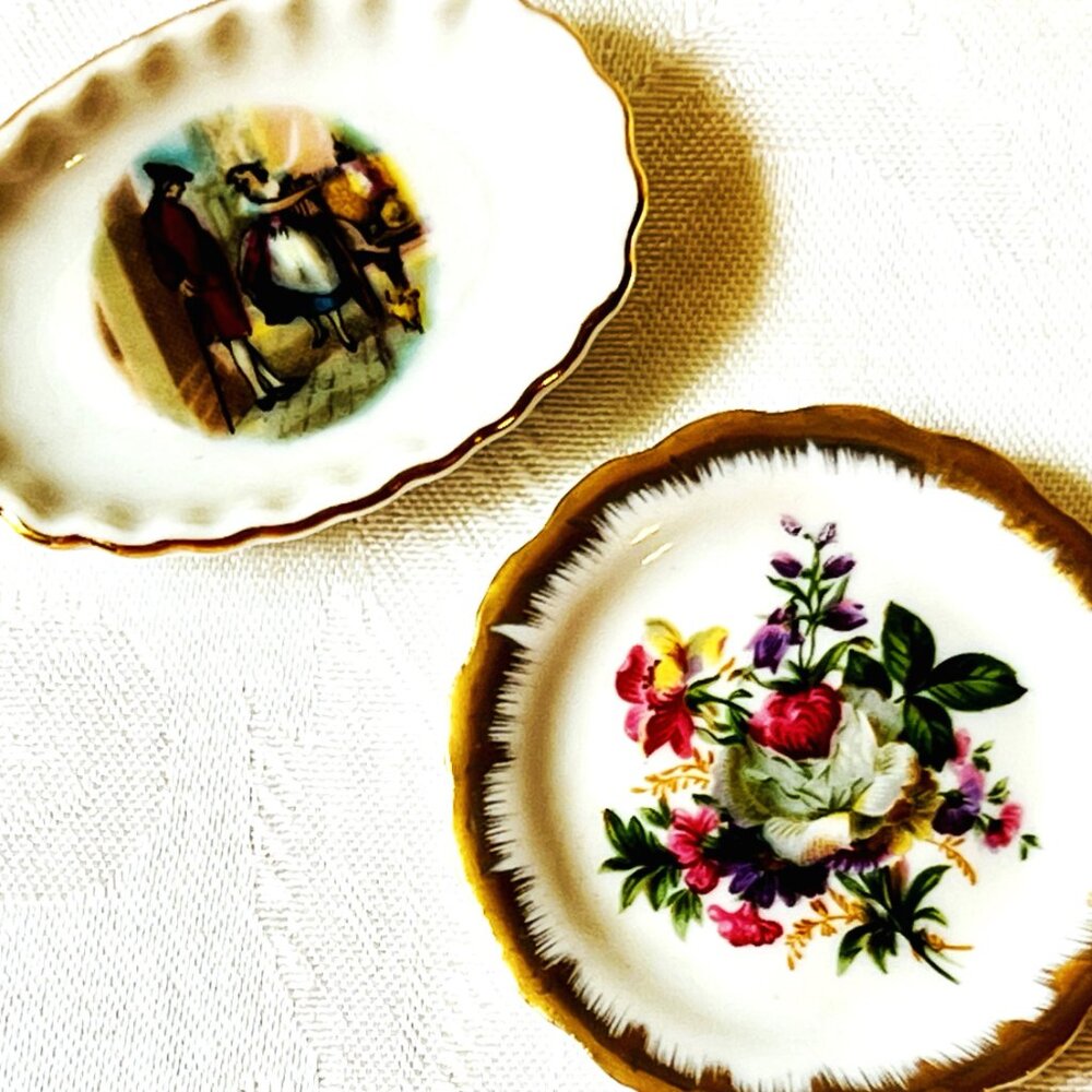 Miniature Porcelain Plates Vintage EME Gold Floral Courting Couple 1950s